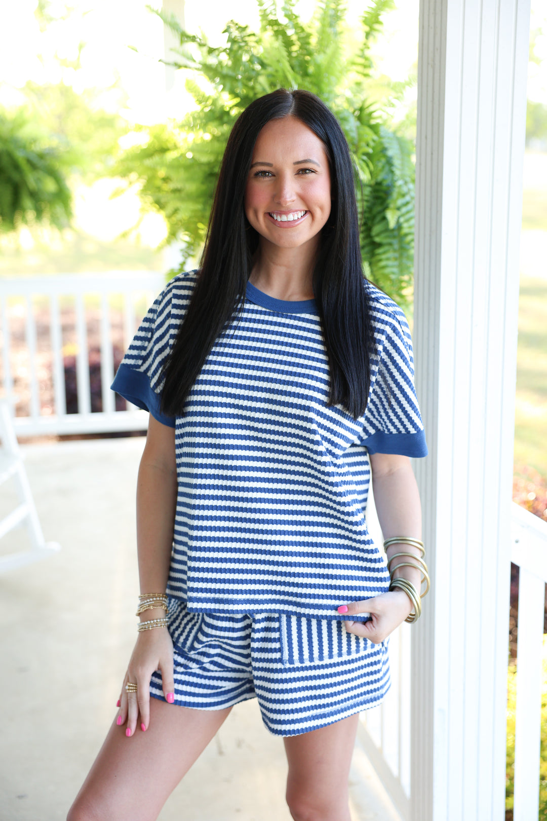 Striped Comfy Knit Top & Short Set "Blue/White"