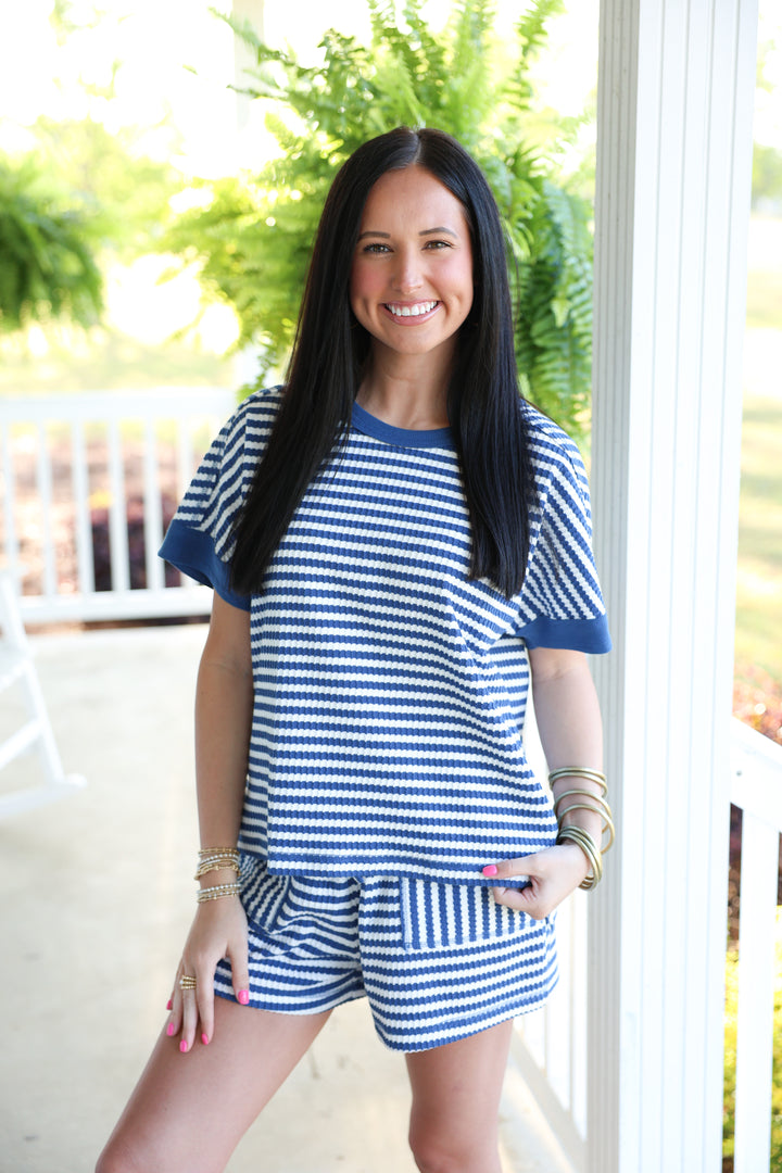 Striped Comfy Knit Top & Short Set "Blue/White"