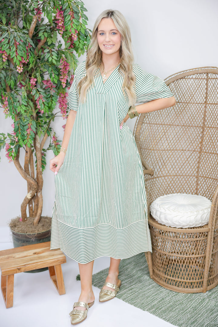 Stripe Pattern Midi Dress "H Green"