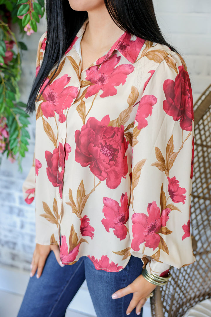 Elaine Floral Printed Front Button Top "Taupe"