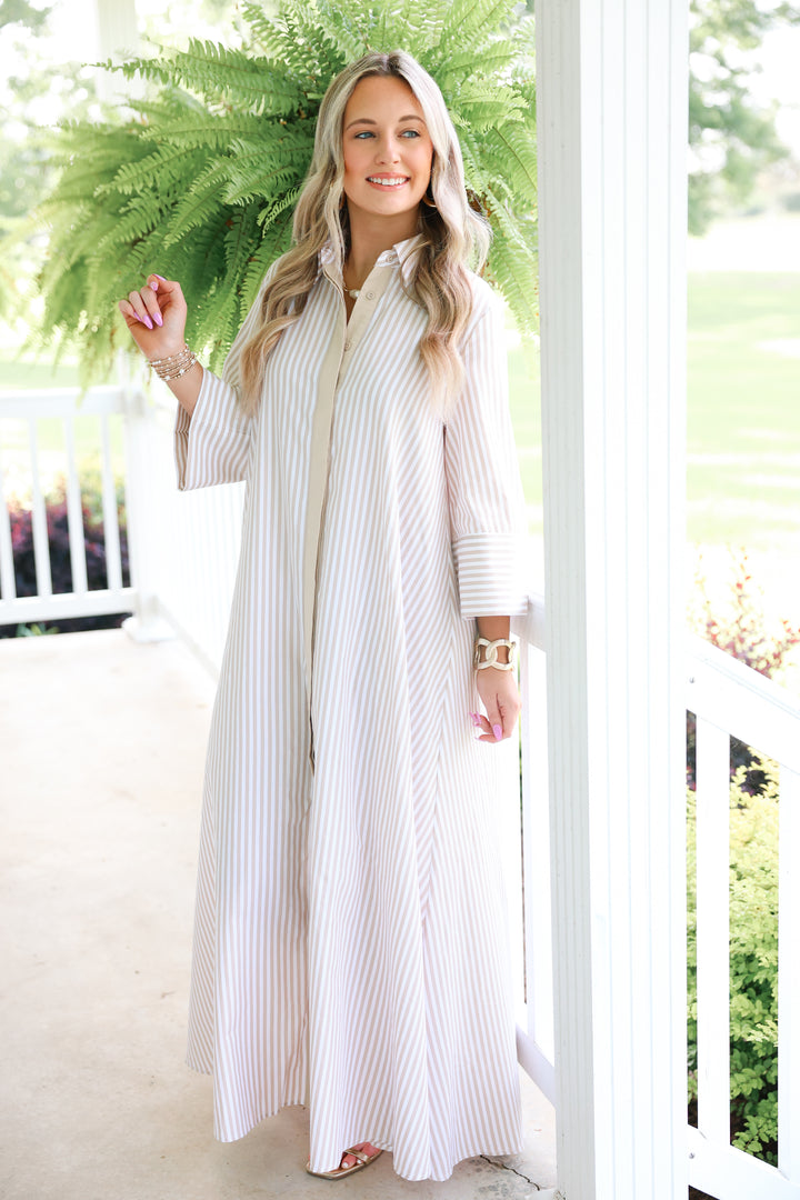 Striped Maxi Shirt Dress "Tan"