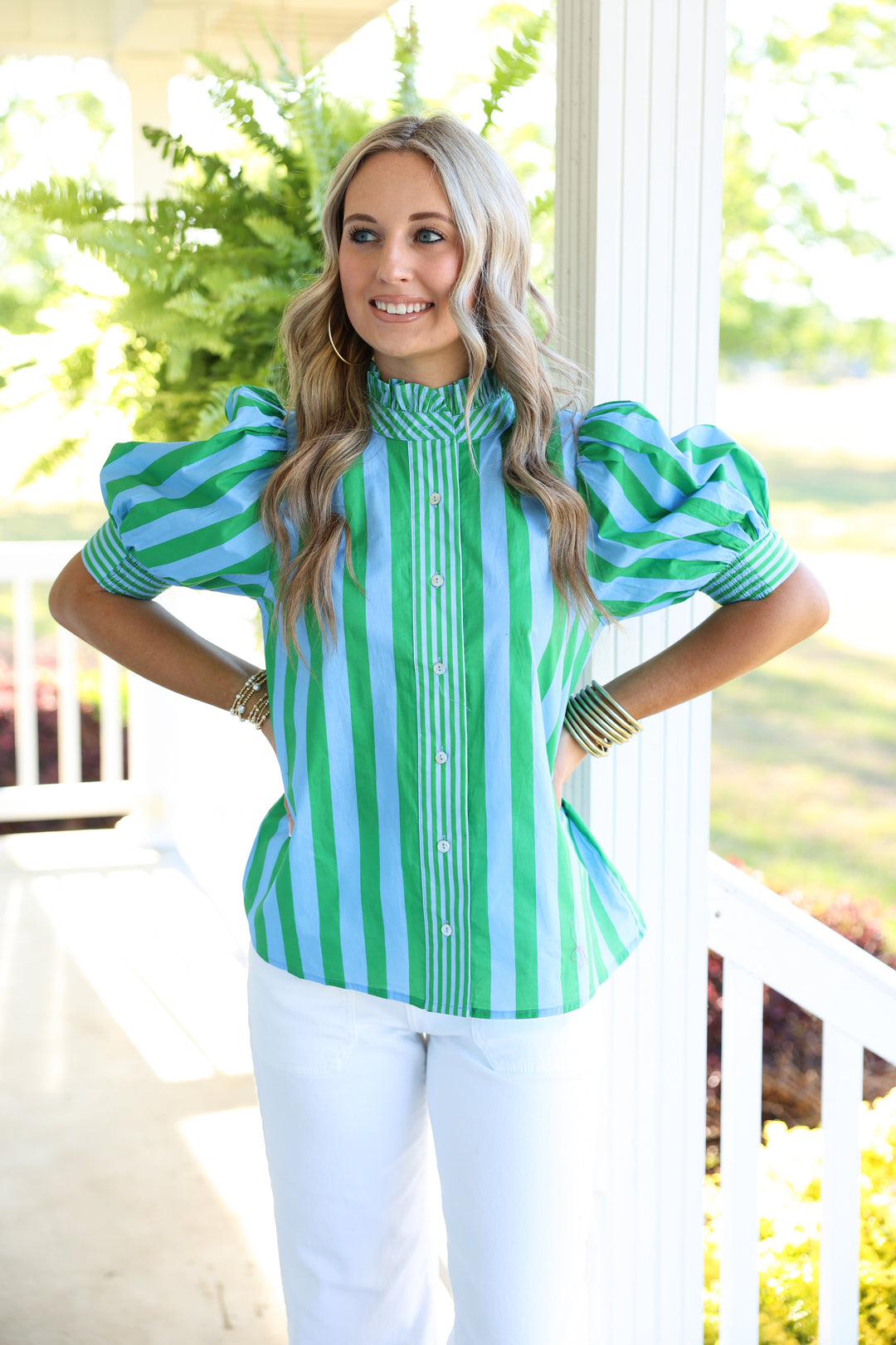 Seaside Striped Print Short Puff Sleeve Top "Green"