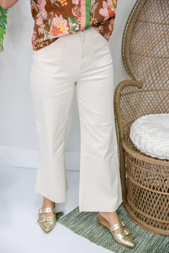 Front Two Pocket Stretch Wide Leg Denim Jeans "Oatmeal"