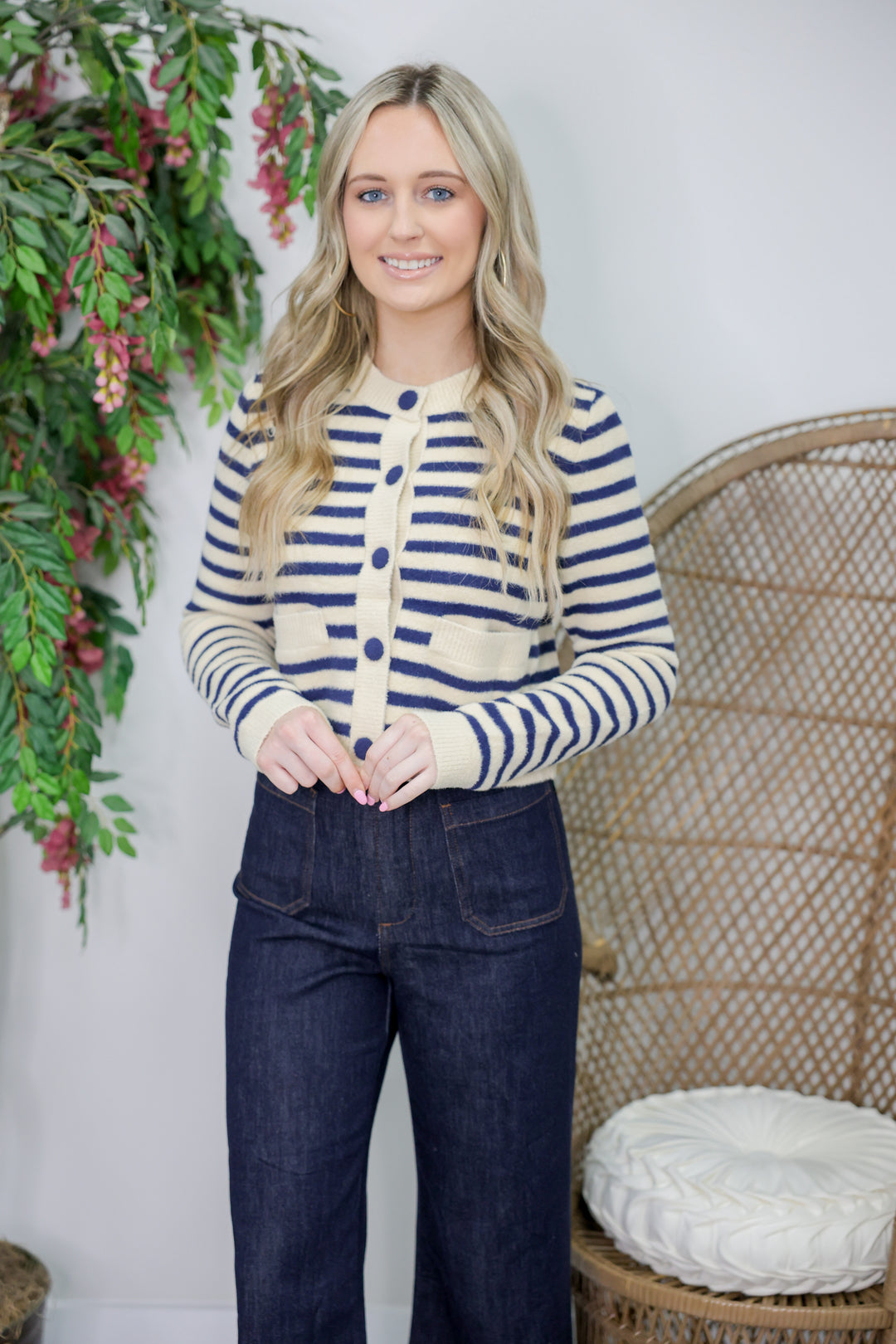 Button Down Striped Cardigan "Navy/Tan"