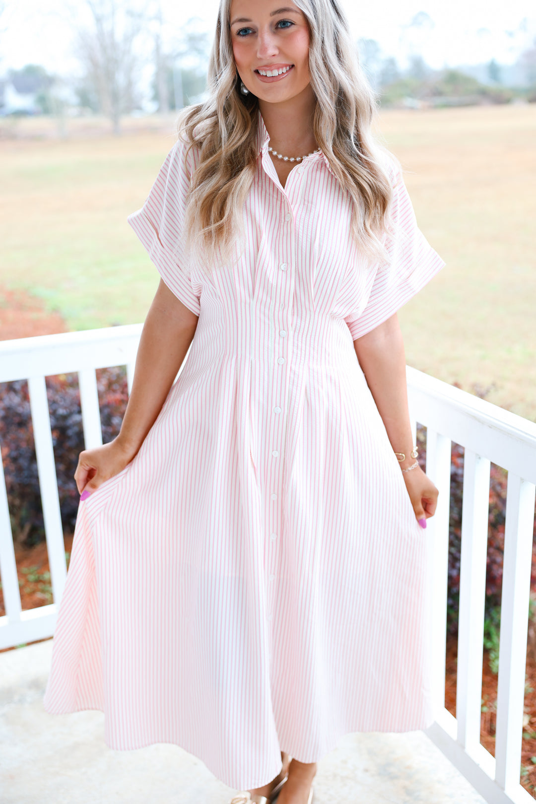 Stripe Print Pintuck Midi Dress "Pink"