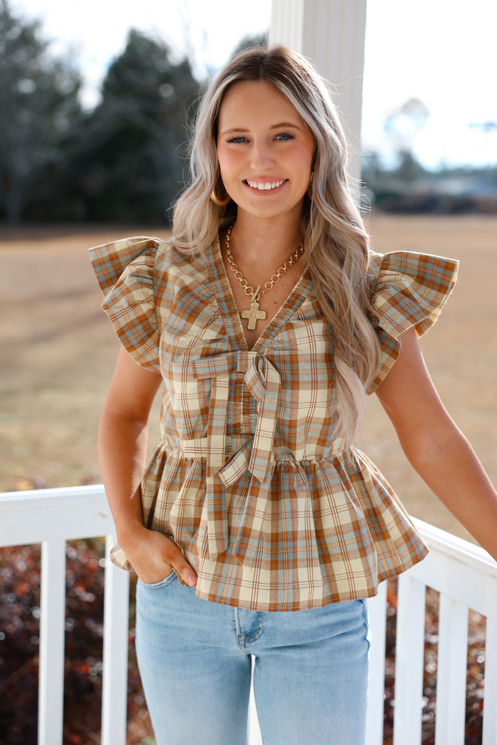 Toffee Plaid Ruffle Top