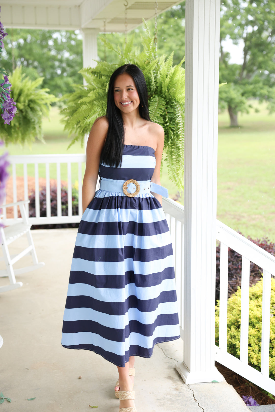 Sunshine Stripes Strapless Midi Dress "Navy"