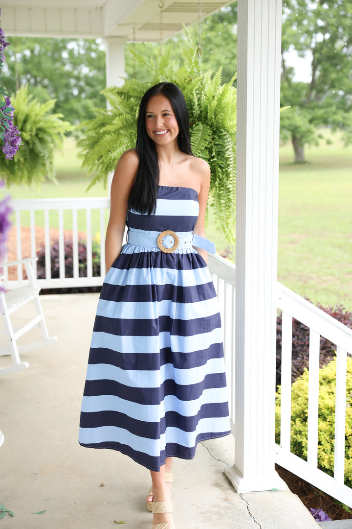 Sunshine Stripes Strapless Midi Dress "Navy"