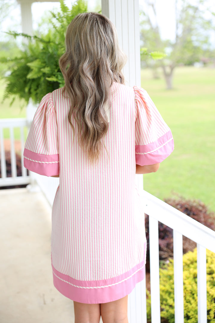 Sassy Stripes Puff Sleeve Dress "Pink"