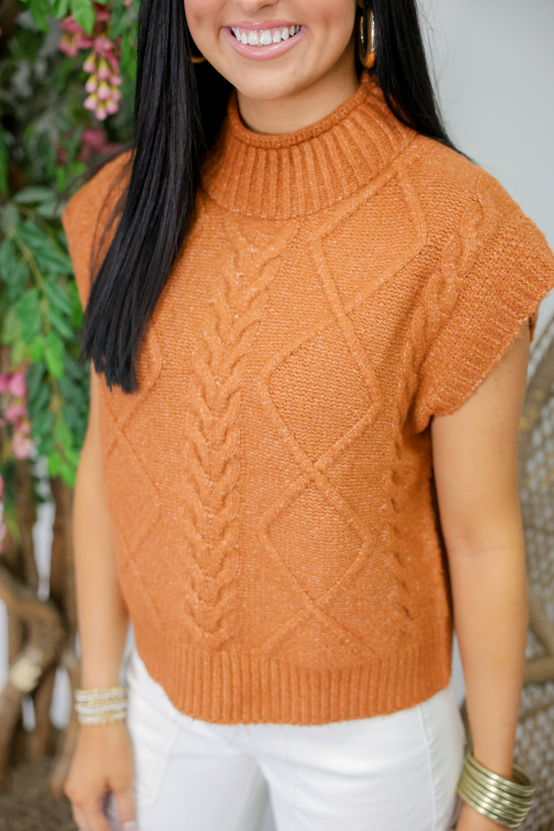 Solid Cap Sleeve Mock Sweater Knit Top "Camel"