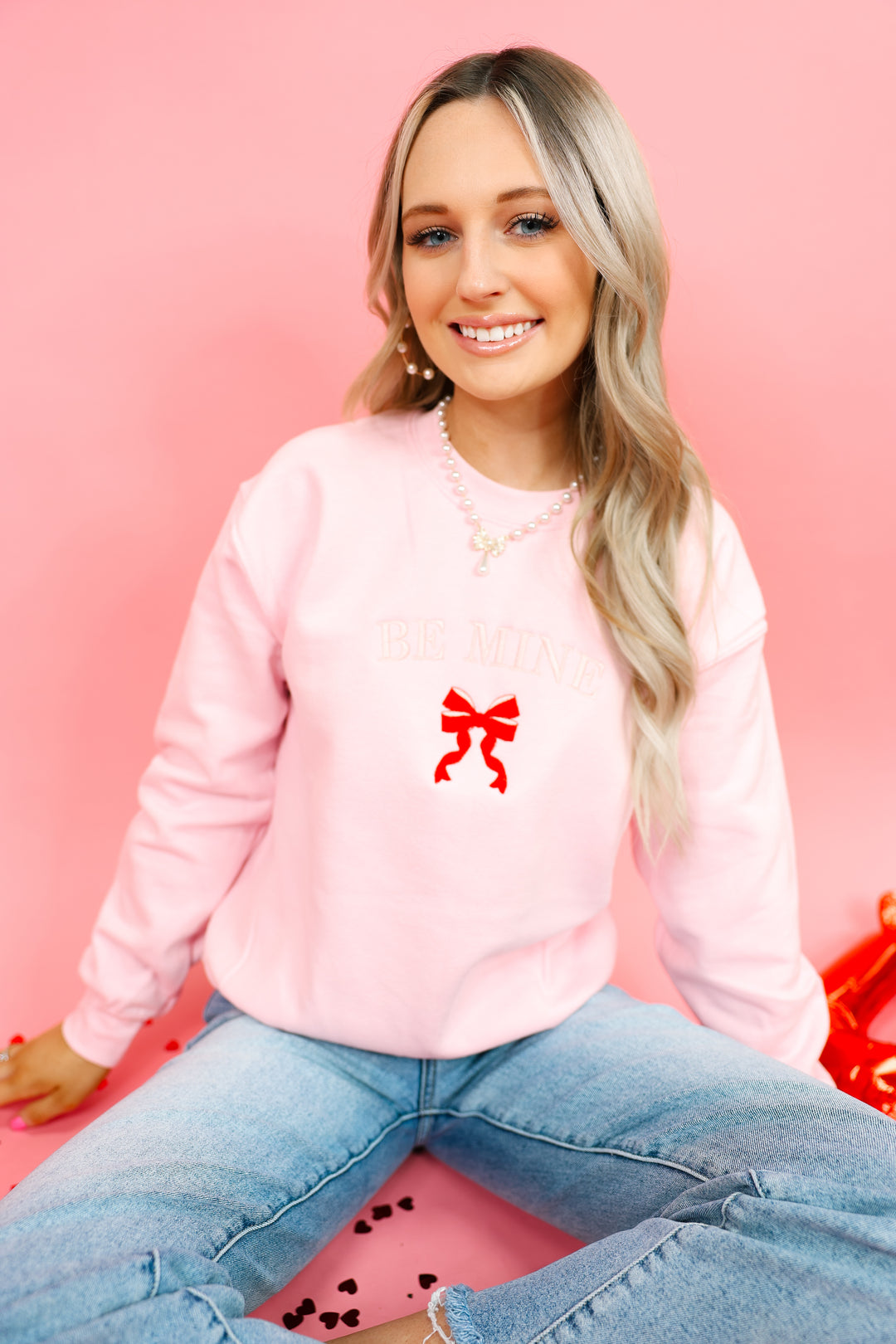 Be Mine Red Ribbon Embroidered Sweatshirt