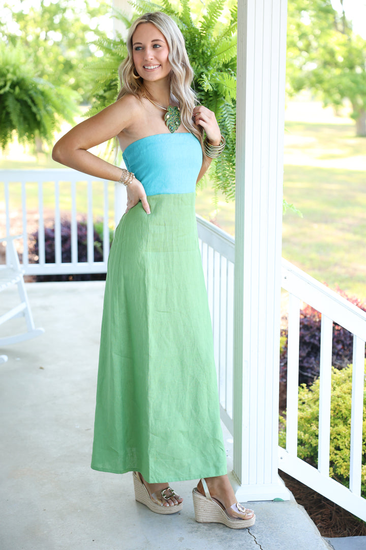 Mei Contrast Strapless Linen Maxi Dress "Aqua Blue/Green"