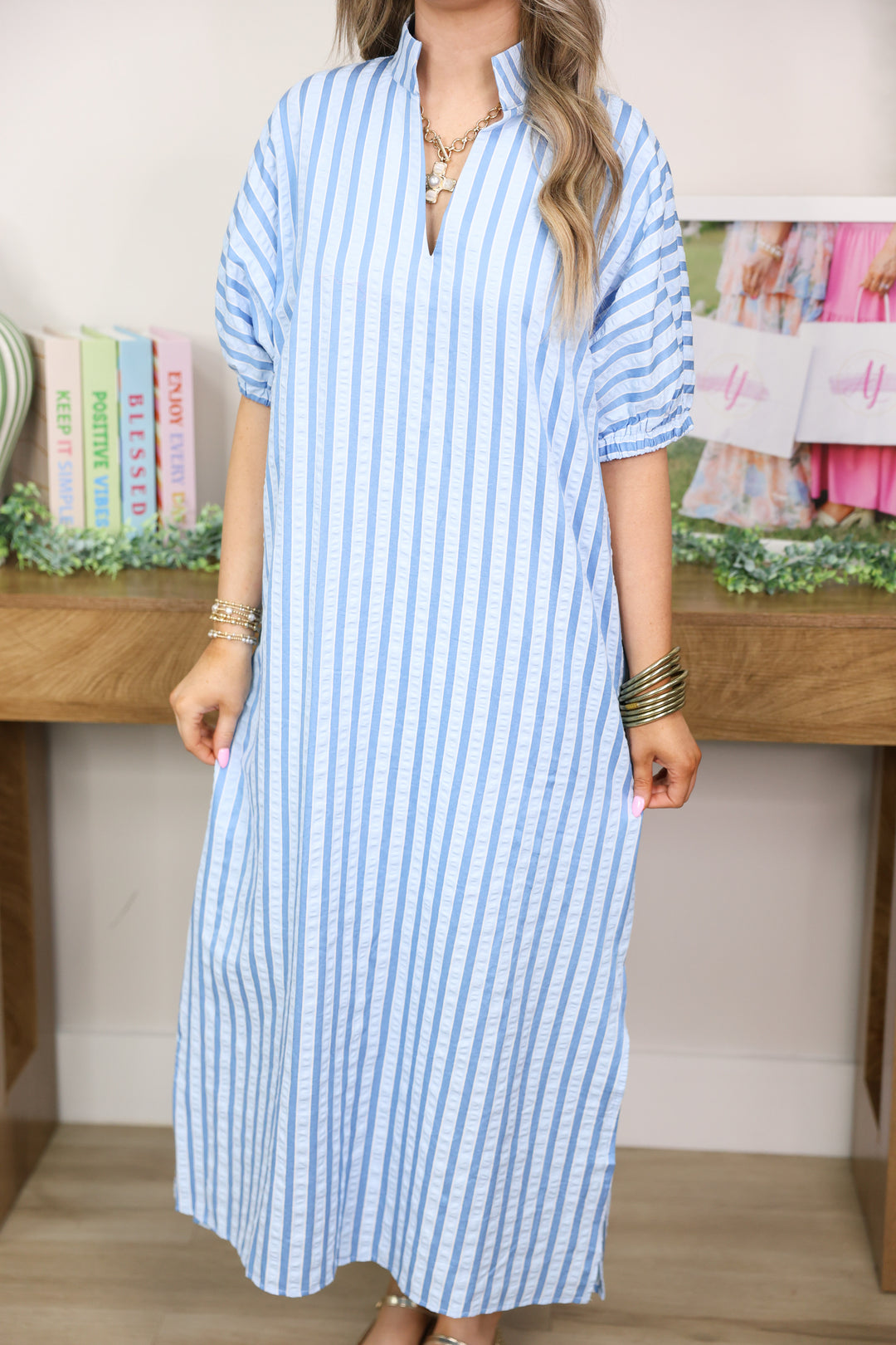Stripe Textured Midi Dress "Light Blue"