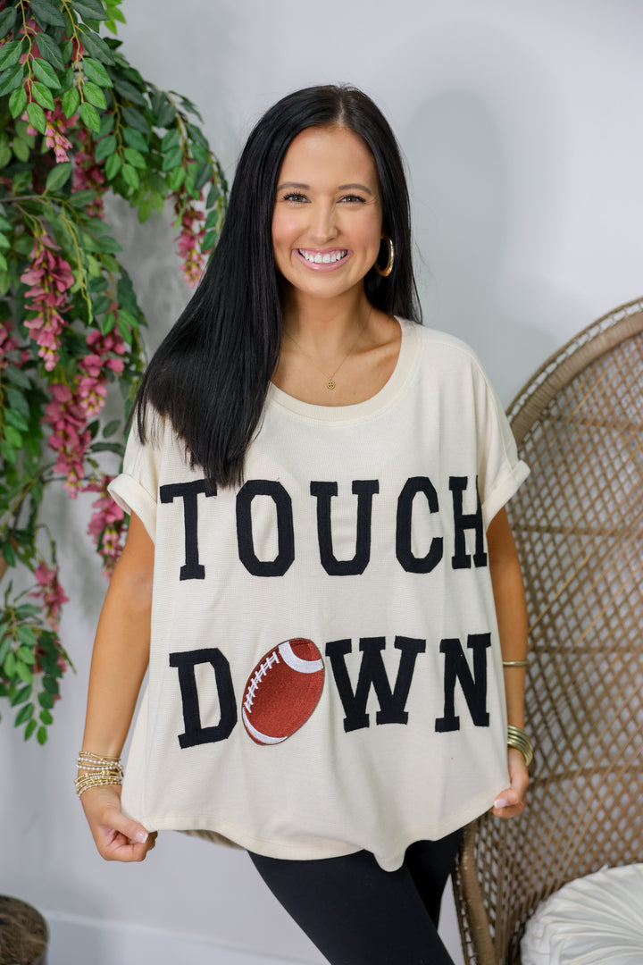 Gameday Touchdown Letter Patches Waffle Top "Oatmeal"
