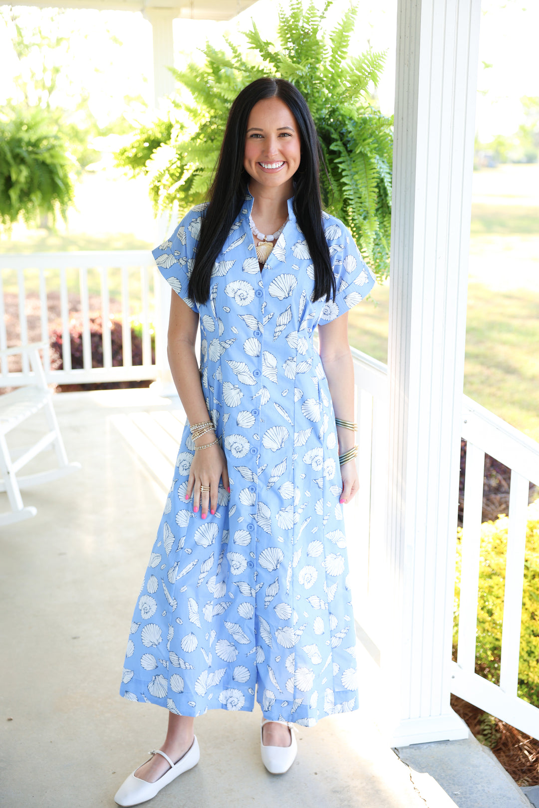 Shell Print Short Sleeve Midi Dress Blue Large Shell Print Short Sleeve Midi Dress Blue Large