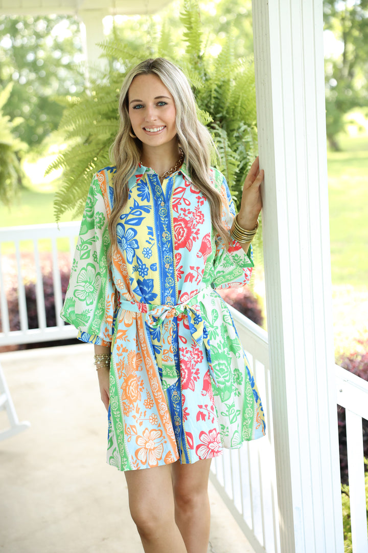 Botanical Stripe Print 3/4 Puff Sleeve Mini Dress "Green Multi"