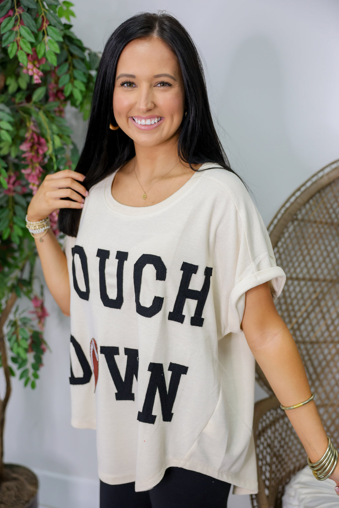 Gameday Touchdown Letter Patches Waffle Top "Oatmeal"