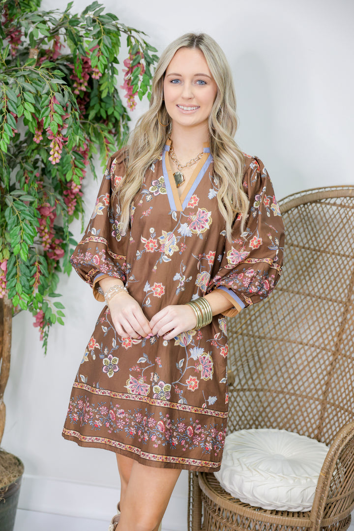 Botanical Print 3/4 Puff Sleeve Mini Dress "Brown"