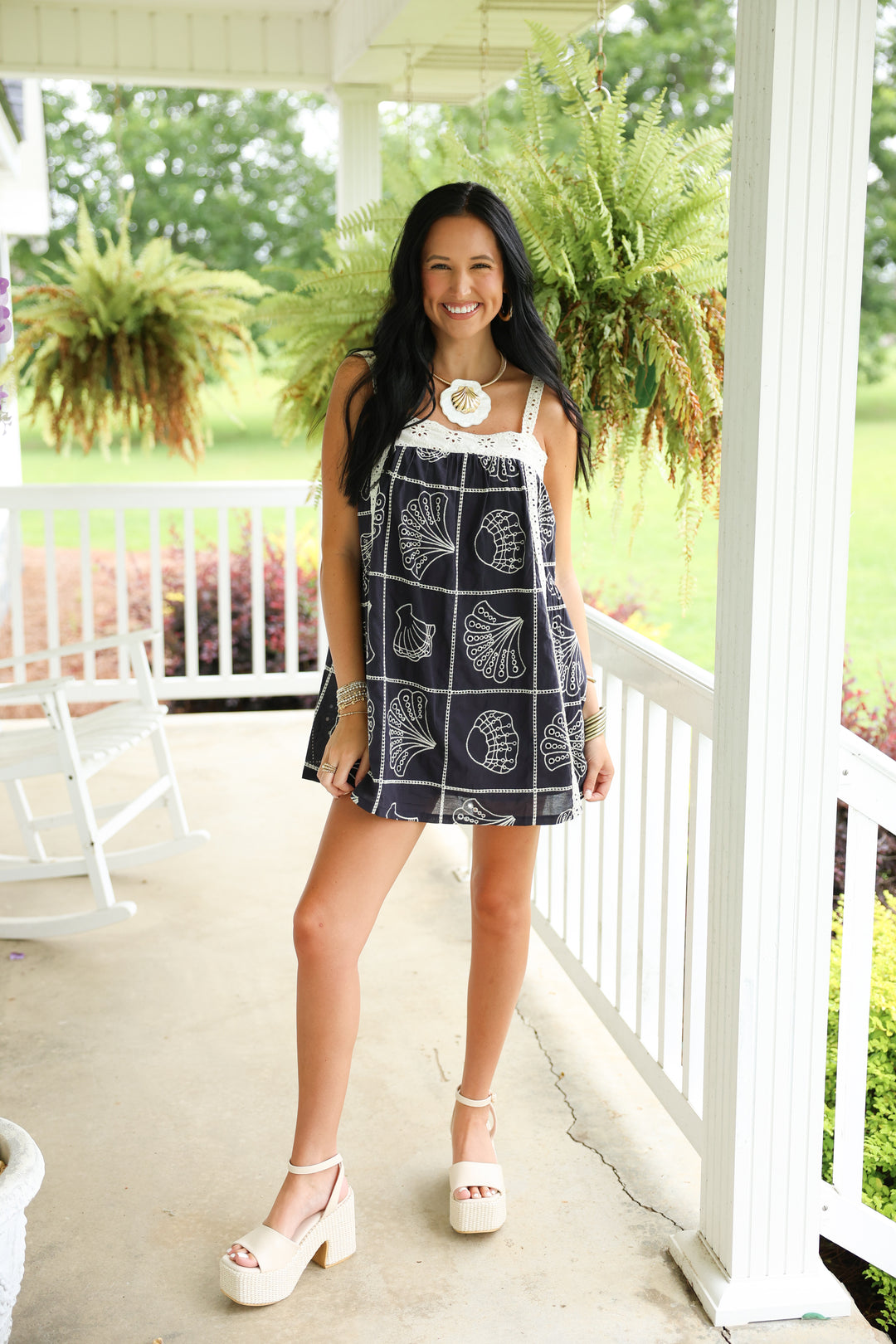 Eyelet Lace Trim Babydoll Mini Dress "Navy"