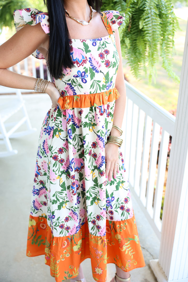 Exotic Garden Party Midi Dress "Orange Multi"