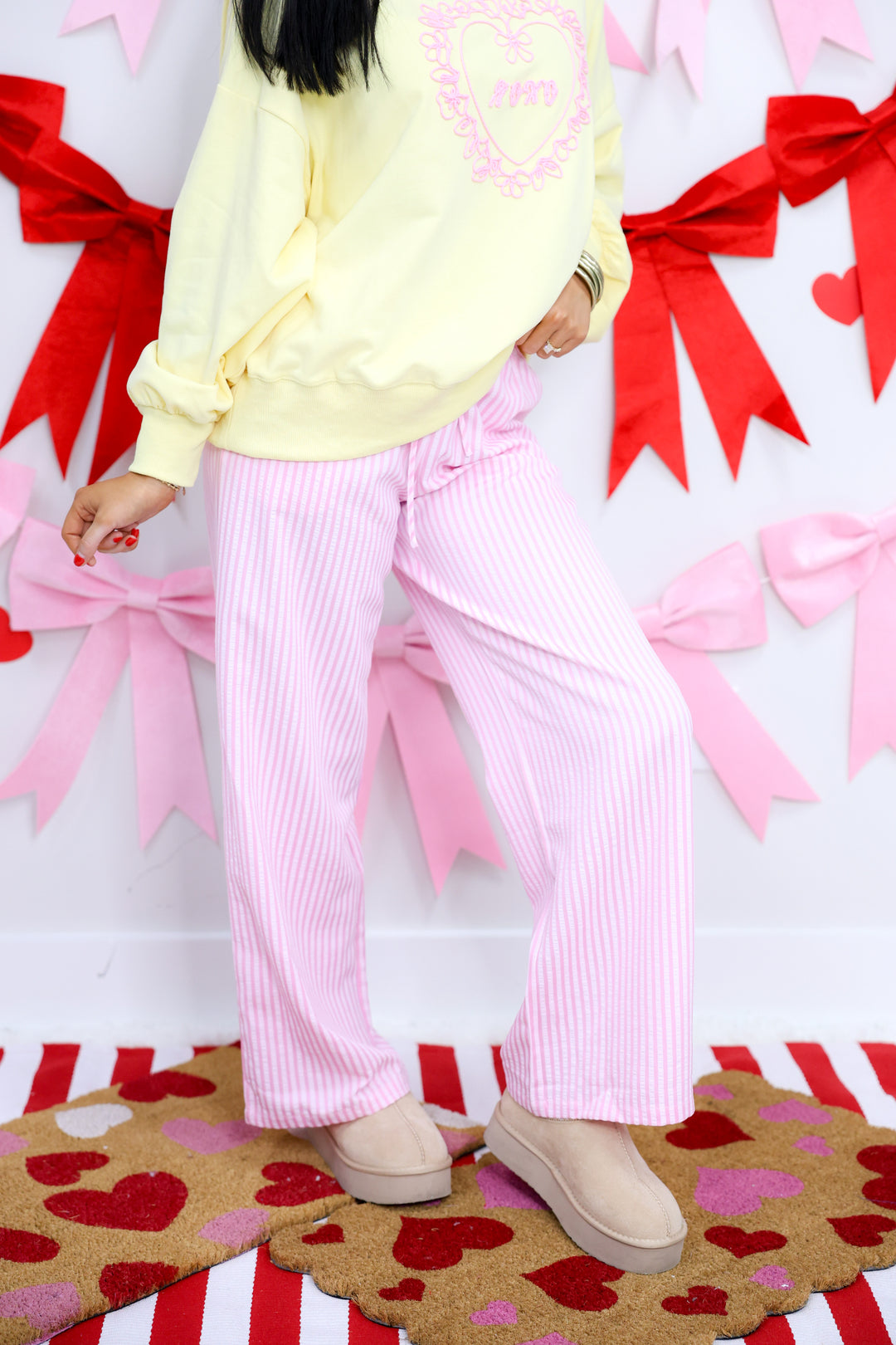 Waist Tie Detail Striped Long Pants "Pink"