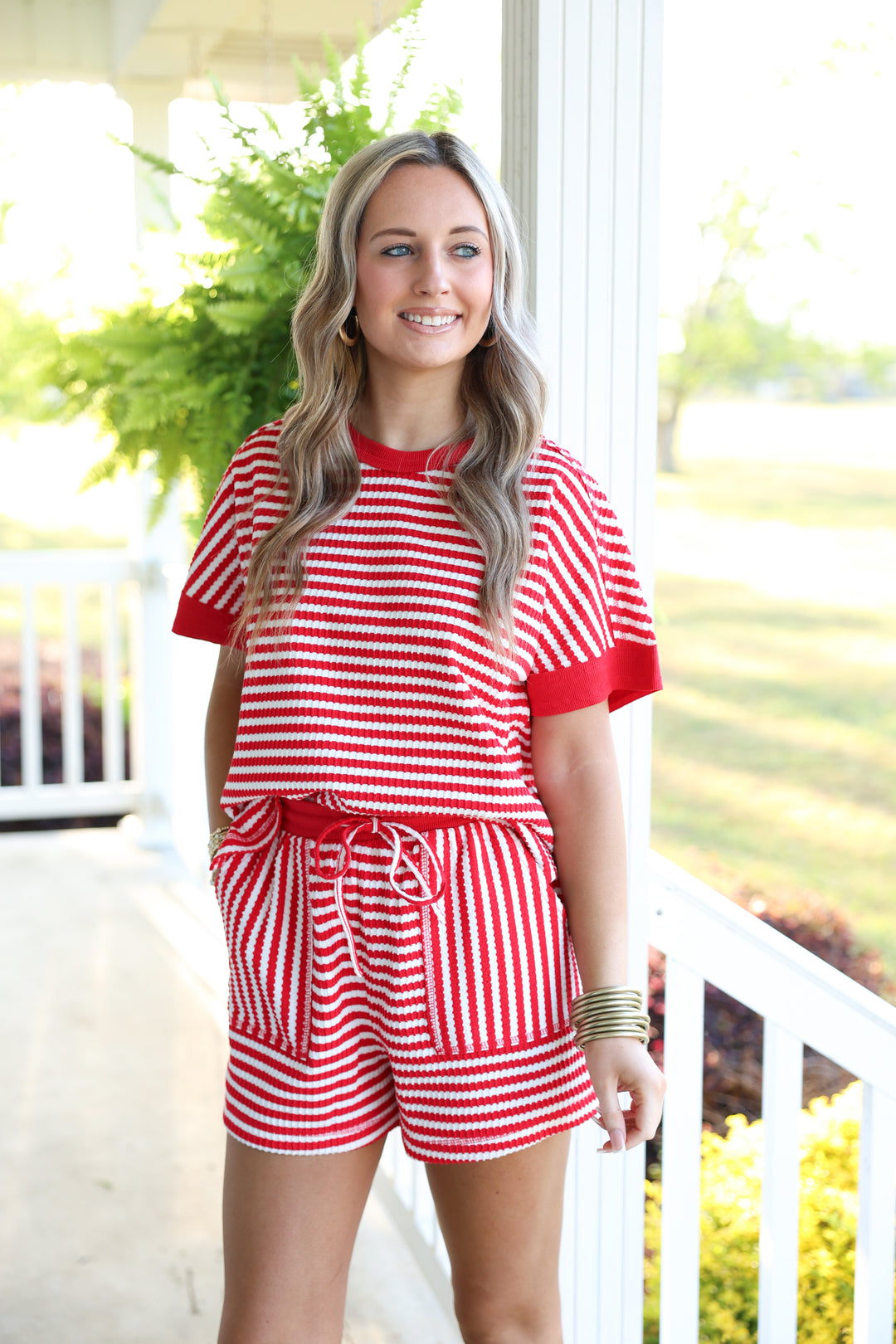 Striped Comfy Knit Top & Short Set "Red/White"