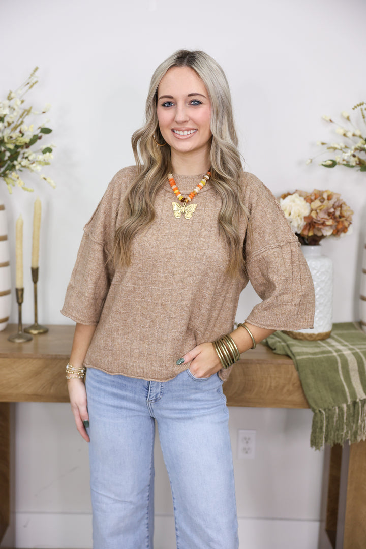 Cropped Length Ribbed Knit Sweater "Mocha"