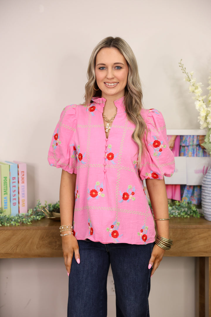 Floral Embroidered Top "Pink"