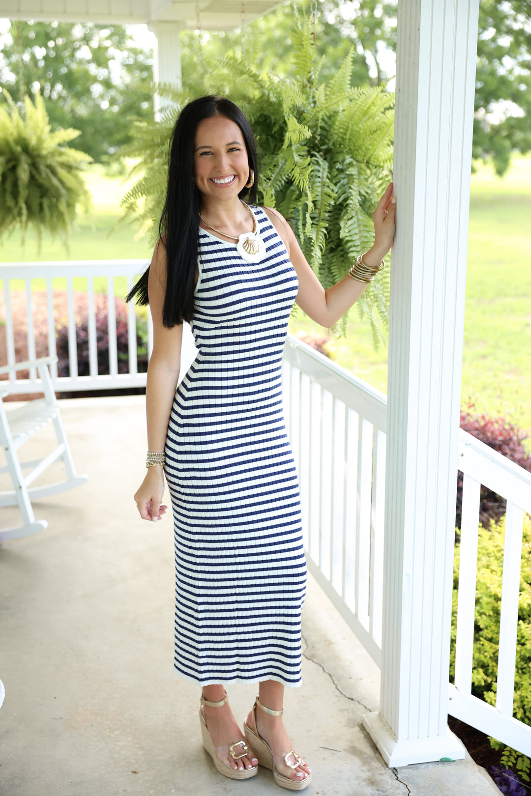 Sleeveless Round Neck Striped Rib Sweater Midi Dress "White/Navy"