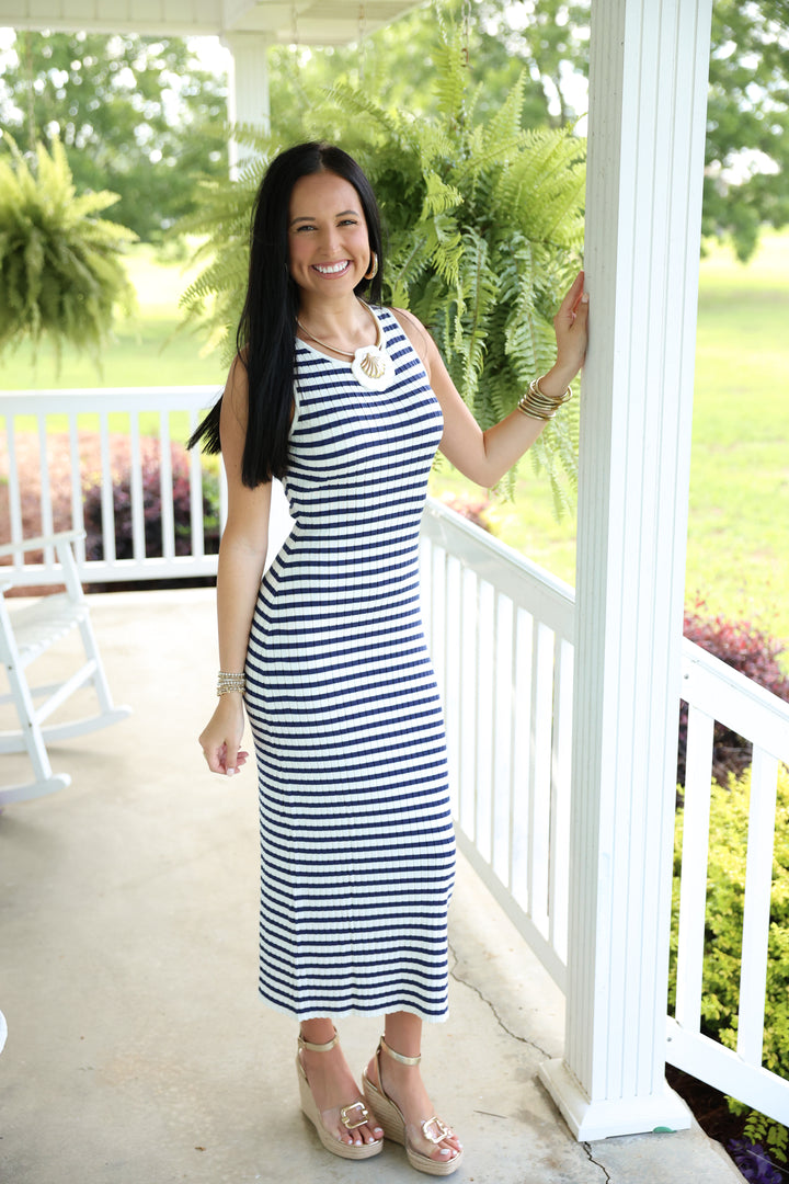 Sleeveless Round Neck Striped Rib Sweater Midi Dress "White/Navy"