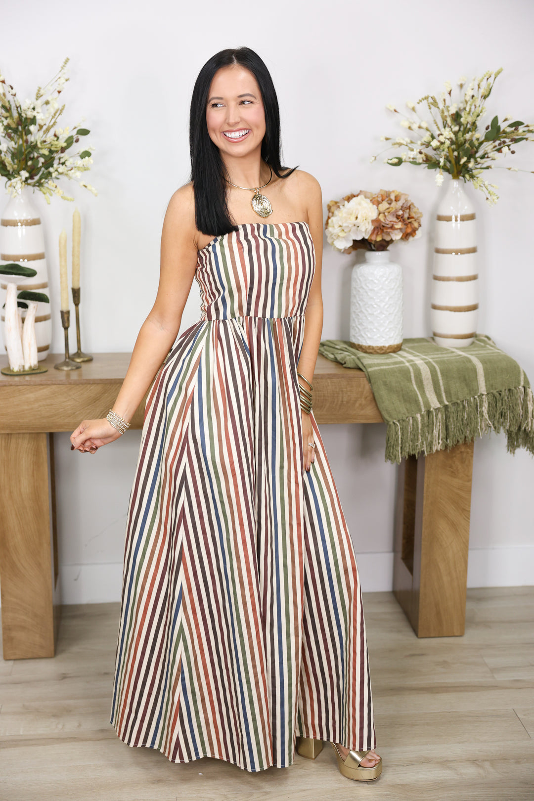 Golden Hour Stripe Printed Strapless Dress "Multi"