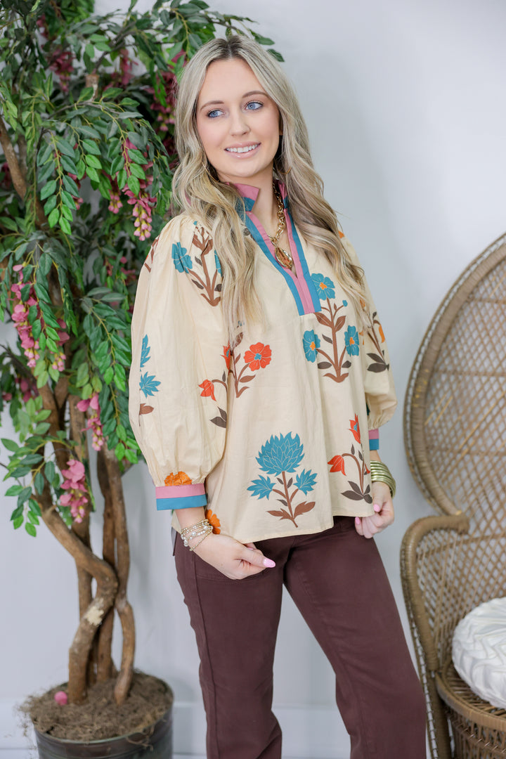 Amber Fields Floral Print Top "Ecru"