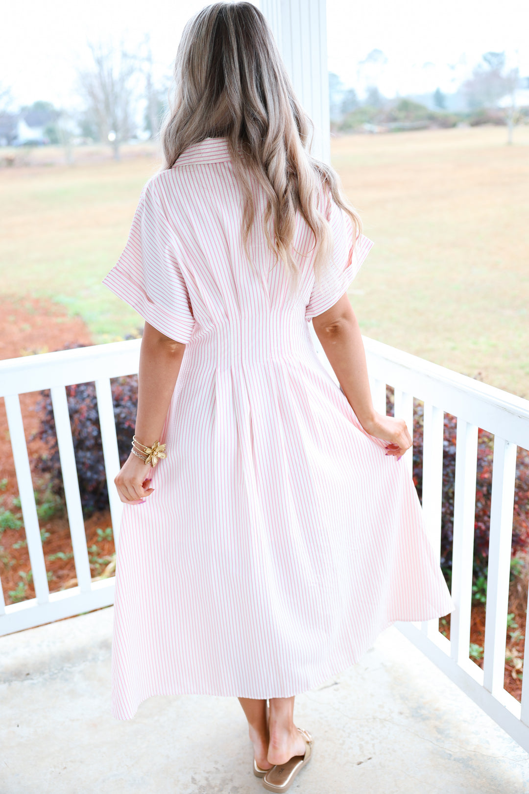 Stripe Print Pintuck Midi Dress "Pink"