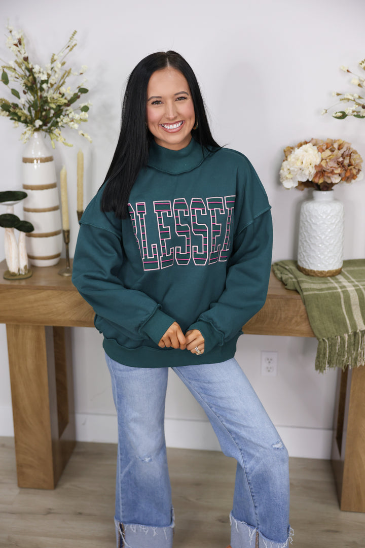 "Blessed" Mock Neck Sweatshirt "Hunter Green"