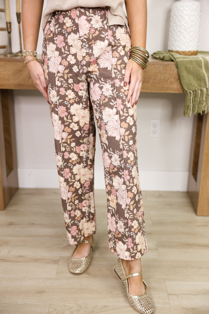 Brown Floral Printed Pants