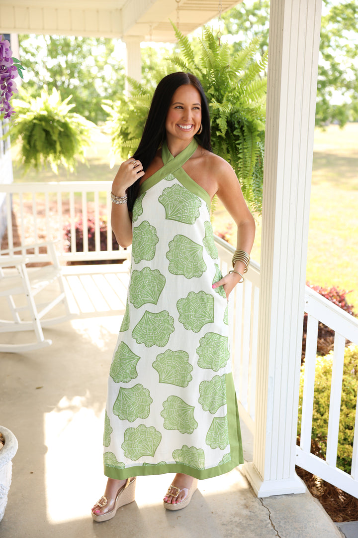Shell Print Halter Neck Maxi Dress "Matcha"
