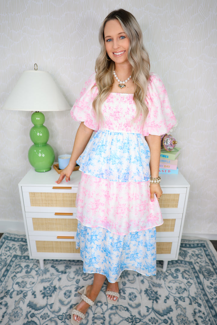 Tiered Smocked Midi Dress "Pink/Blue"