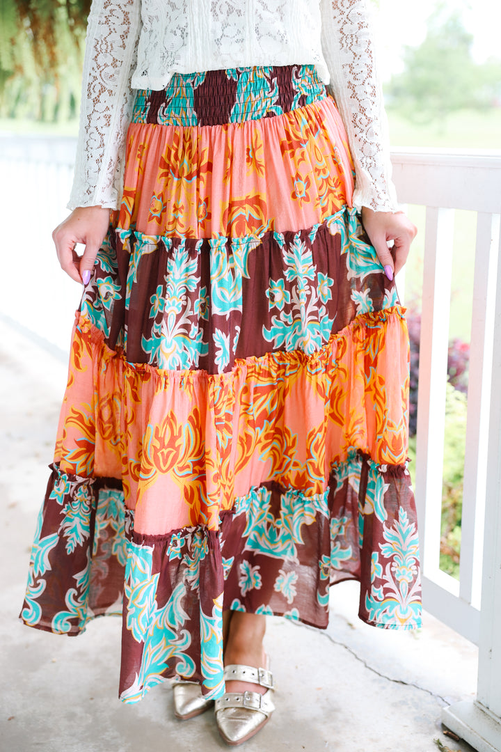 Boho Tiered Maxi Skirt "Coral Paradise"