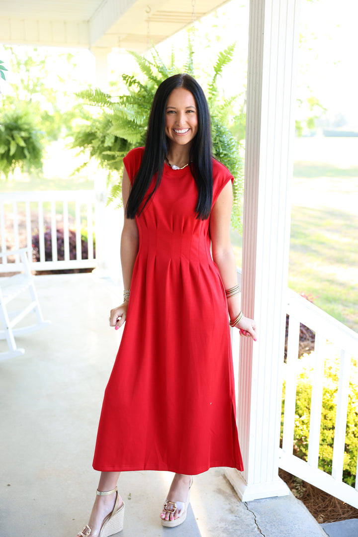 Solid Cap Sleeve W/ Pintuck Waist Midi Dress "Red"