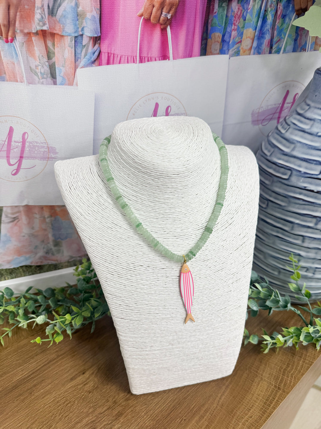 Hart Designs Jewelry - Sage Beaded Necklace "Pink/White Stripe Fish Charm"