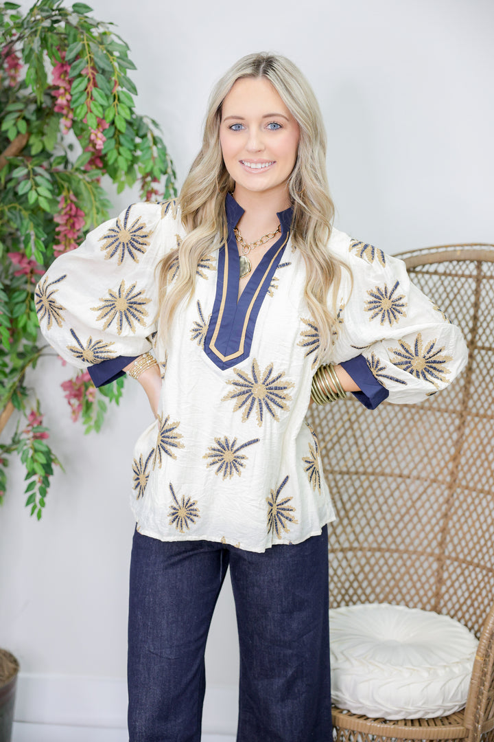 Botanical Embroidery 3/4 Puff Sleeve Top "Ecru"