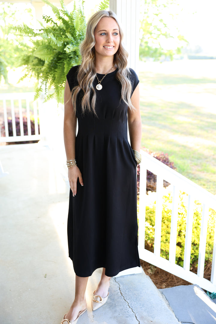 Solid Cap Sleeve W/ Pintuck Waist Midi Dress "Black"