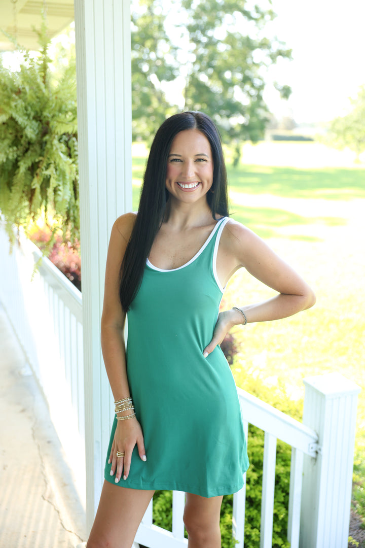 Butter Contrast Piping Mini Dress "Kelly Green/White"