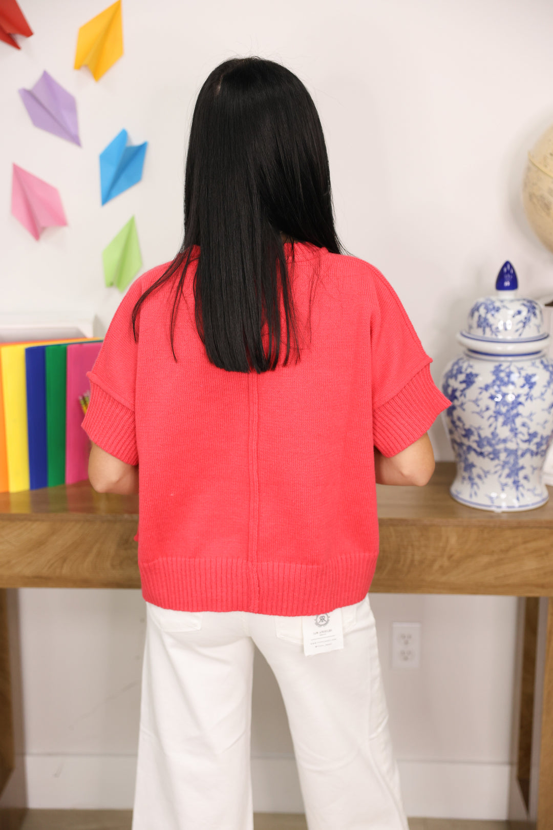 Drop Half Sleeve Crew Neck Sweater "Coral Red"