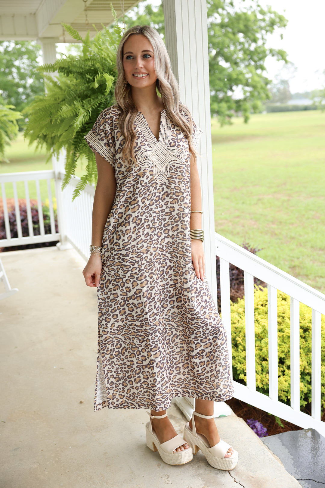 Leopard Print Midi Dress W/ Braided Applique