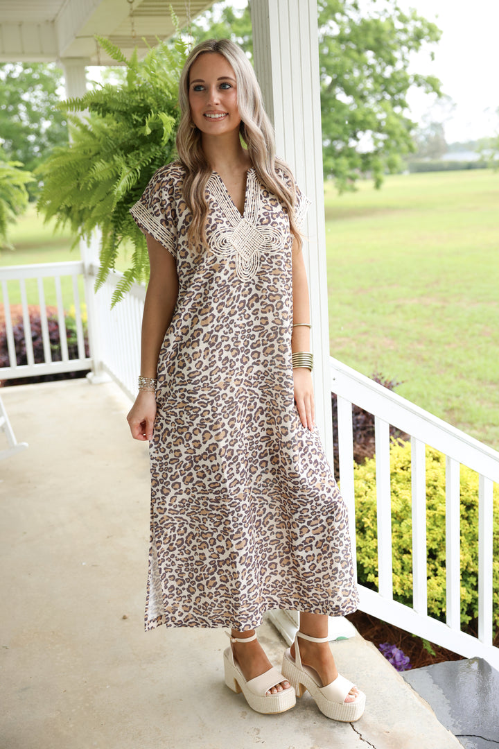 Leopard Print Midi Dress W/ Braided Applique