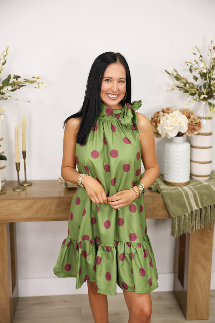 Tie Neck Sleeveless Polka Dot Mini Dress "Olive"