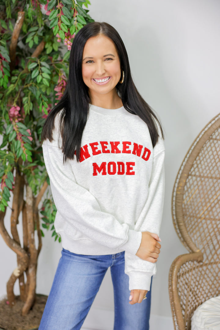 "Weekend Mode" Crew Neck Fleece Sweatshirt "Lt H Grey"