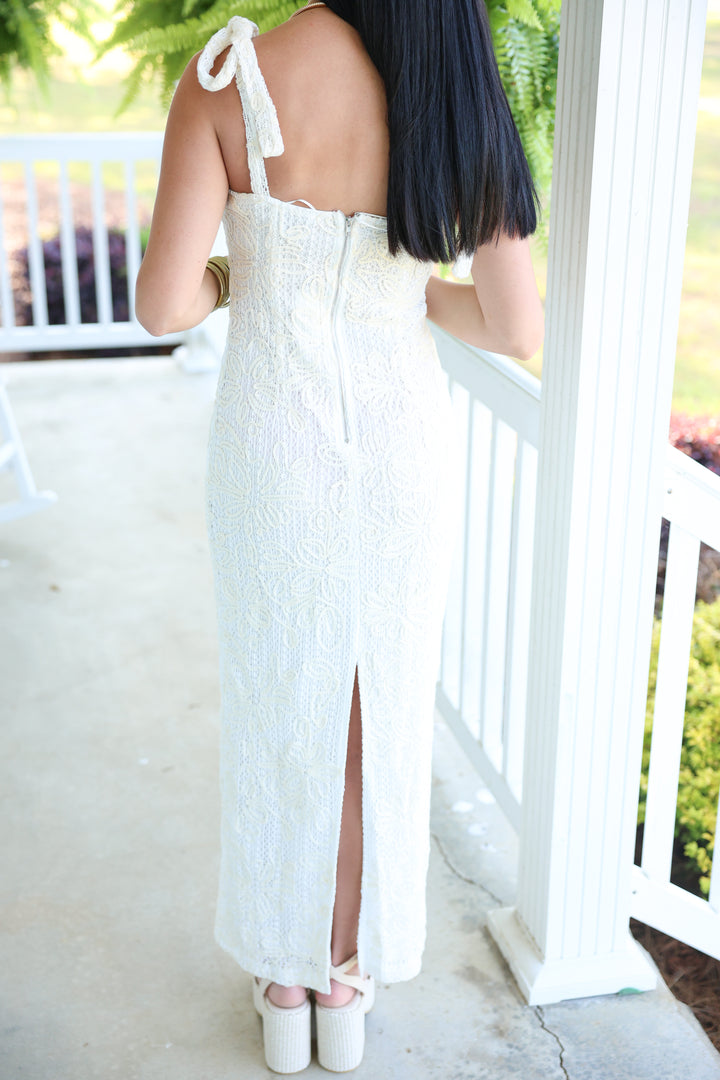 Crochet Embroidered Tie Shoulder Midi Dress "Off White"
