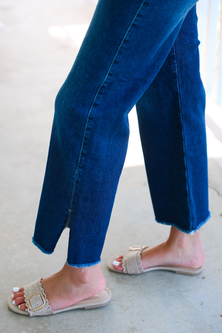 Risen - Mid Rise Crop Wide Side Slit Jeans "Dark"